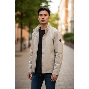 Nautica 1983 Jacket Mens Large Sand Beige Full Zip Mock Neck Lightweight Coat